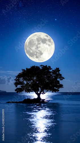 Silhouette tree on small island under full moon reflected on calm ocean water at night