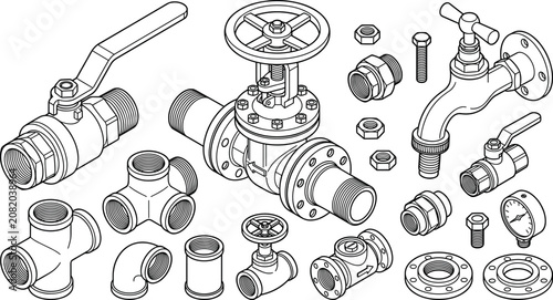 Obraz na plátně Industrial plumbing valve and pipeline component vector set featuring ball valve