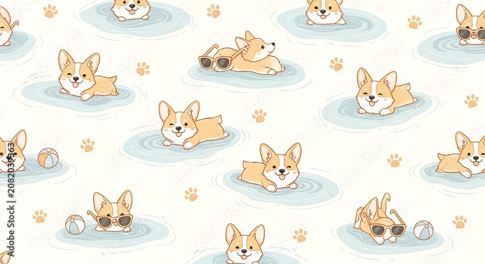 Obraz premium Cute cartoon corgi puppies swimming in bubbles playful watercolor illustration