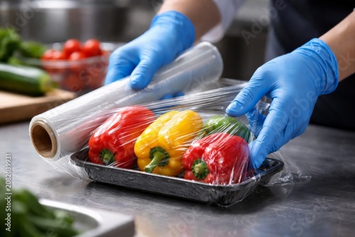 Close-up of gloved hands stretching clear cling film over tray of fresh red, yellow, and green bell peppers on stainless steel countertop in commercial kitchen environment; roll of plastic wrap