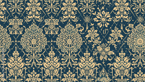 Foto Intricate seamless damask pattern with ornate floral motifs in gold on a dark blue background, creating a luxurious vintage textile design