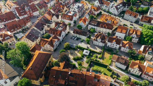 Top down aerial view of historic town square