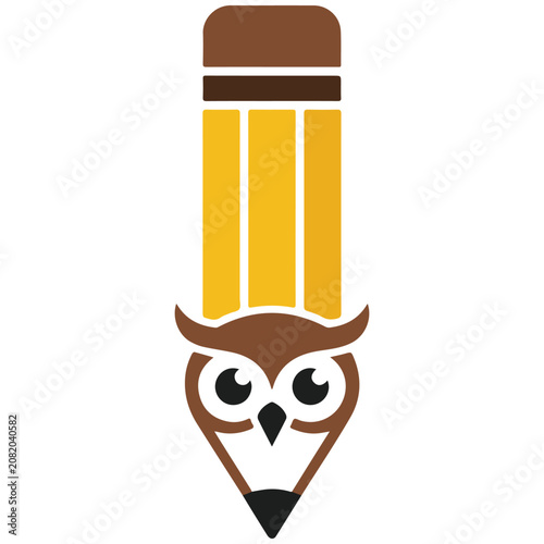 Brown owl face combined with yellow pencil graphic illustration, creative symbol design