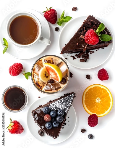Fresh Chocolate Cake with Berries and Coffee.
