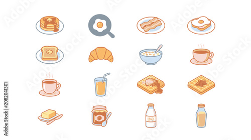 Collection of breakfast food and drink.
