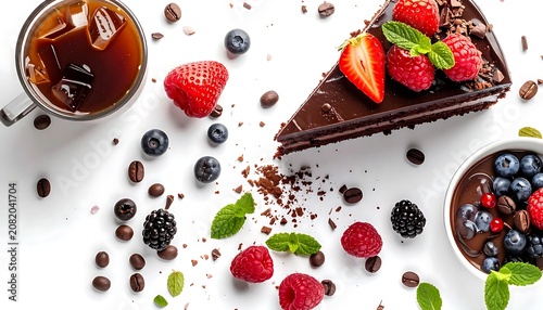 Fresh Chocolate Cake with Berries and Tea.