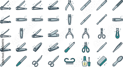 Foto Professional Stainless Steel Manicure and Pedicure Tools Vector Icon Set Featuri