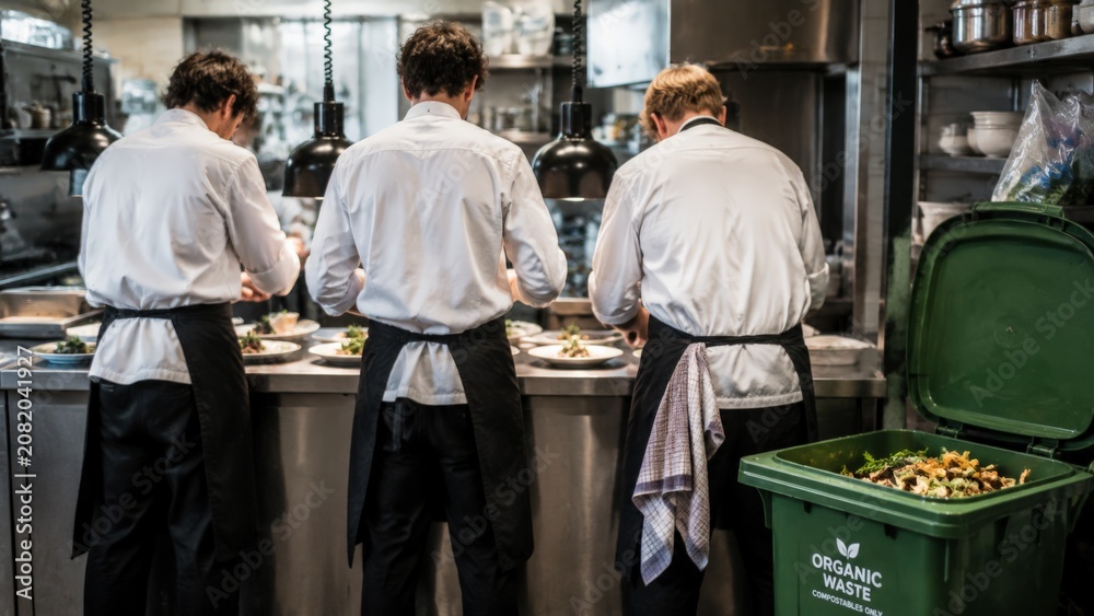 Fototapeta premium Three chefs in white jackets and black aprons plate finished dishes during rush service inside stainless steel kitchen, seen from behind near heat lamps, shelves, prep area, and cookware