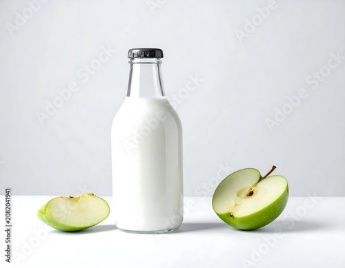 Fresh green apple and milk bottle on white background.