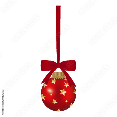 Elegant red Christmas bauble decorated with golden stars patterns festive ribbon bow. Isolated holiday ornament element on white background Seasonal Xmas decoration scrapbooking Xmas design projects