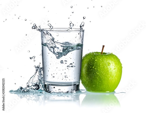 Fresh green apple and water splash in glass.