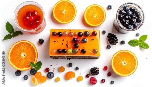 Fresh citrus berries and dessert on white background.