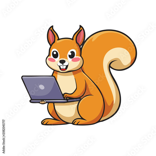Cartoon squirrel using a laptop