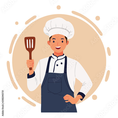 Chef holding spatula in flat illustration style