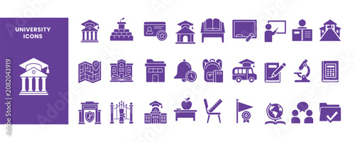 University Icons Vector Set Education Campus Graduation Building Flat Design