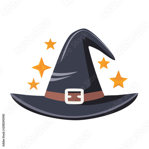 Flat illustration of a witch hat with stars