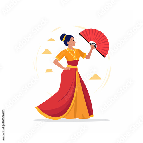 Woman in Traditional Dress Holding a Red Fan