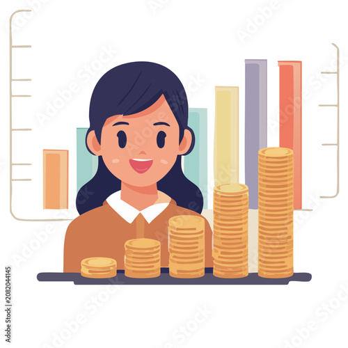 Woman with coins and bar chart illustration