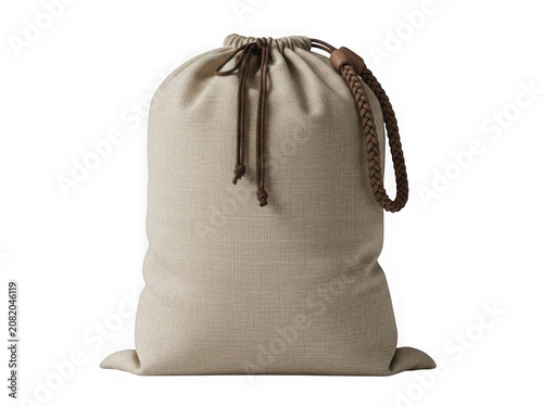 Large beige fabric sack with braided rope drawstring and tassel detail transparent background
