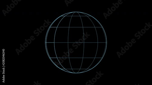 Blue wireframe globe rotating slowly, transparent background seamless loop animation