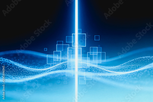 A futuristic abstract digital artwork featuring glowing light beam, particle waveform and translucent square nodes, representing data or tech concepts.