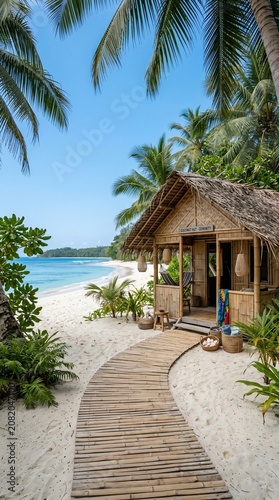 Bamboo hut on a tropical beach with palm trees