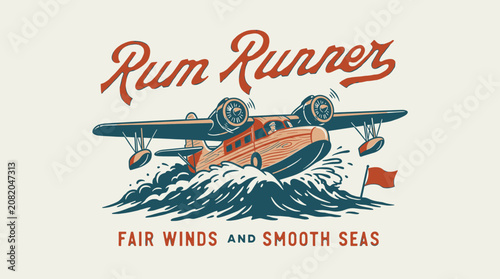 Slika na platnu Vintage nautical seaplane flying boat cutting through ocean waves, retro graphic illustration for t-shirt design and rum distillery branding