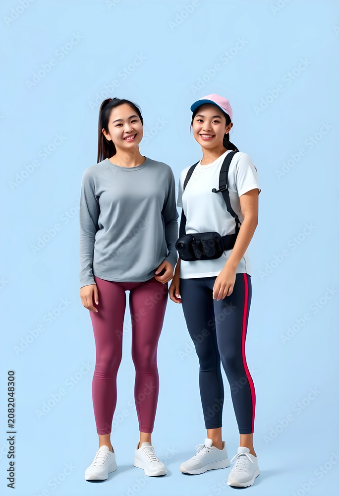 Obraz premium Two happy Asian women in athletic wear standing in studio