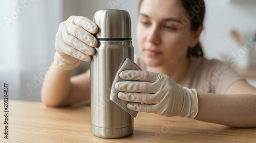 Woman cleaning stainless steel thermos while wearing gloves indoors  