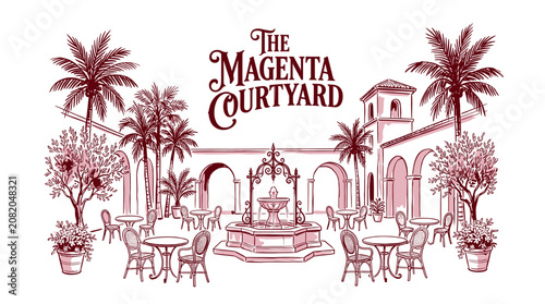 Canvastavla Elegant vintage Mediterranean courtyard with central fountain and cafe seating u