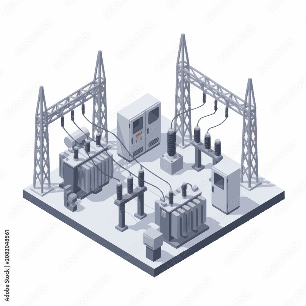 Obraz premium Isometric view of electrical substation with transformers and pylons.