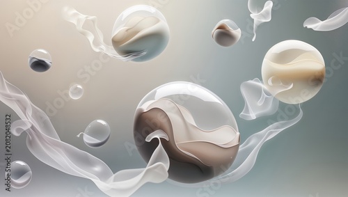 Abstract Spheres with Flowing Organic Shapes and Translucent Fabric on a Soft Gradient