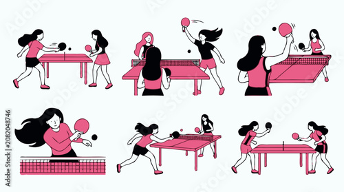 Women playing table tennis sports character flat pattern icon collection background