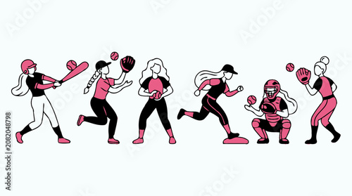 Female dodgeball players action and poses flat pattern background