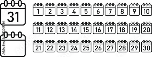 Set of calendar icons with numbers from one to thirty on transparent background.