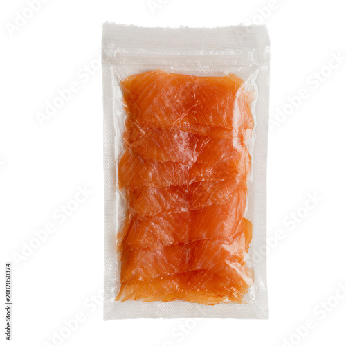 Vacuum-sealed transparent package displaying thinly sliced bright orange smoked salmon. Isolated white background. Png format