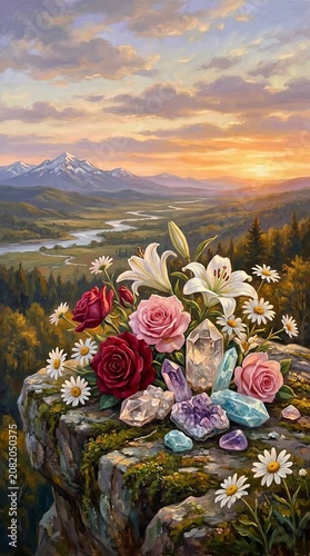 Flowers and crystals on a mountain cliff at sunset