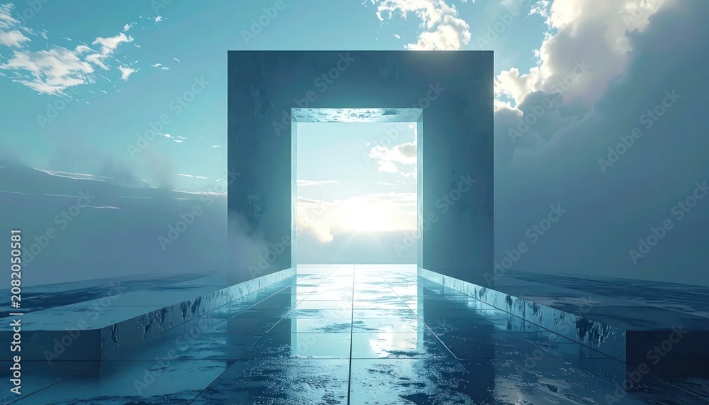 Fototapeta premium Surreal stone portal in a calm reflective ocean.