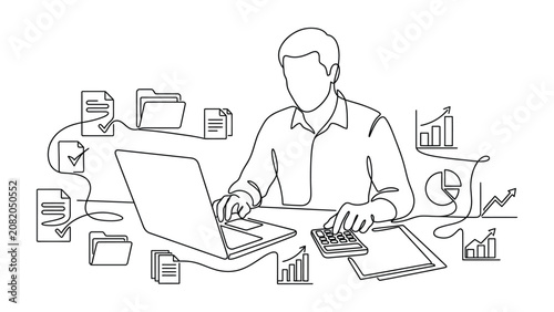 Continuous line drawing of an accountant working with a laptop and calculator