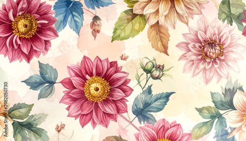 A seamless floral pattern features large pink and yellow flowers with green leaves on a soft peach background