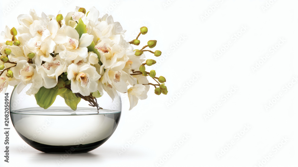 Obraz premium orchids displayed in glass vase, white background, closeup highlights petal textures and natural beauty, copy space for text placement. orchid, elegant, vase, glass, white background, closeup, 