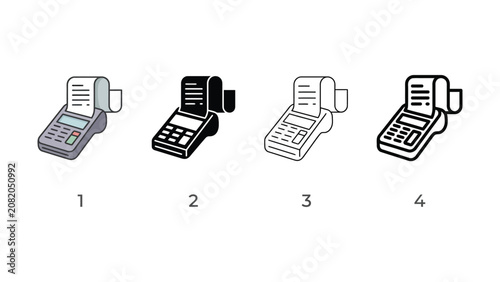 Four different colored payment terminal machines with receipts  isolated on white