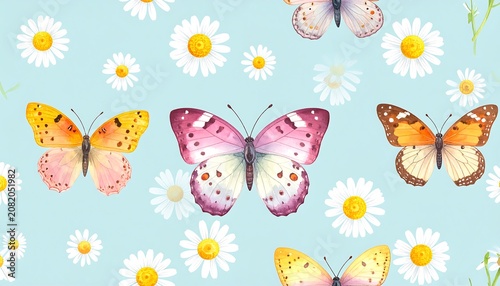 A seamless pattern featuring colorful butterflies and white daisies on a light blue background