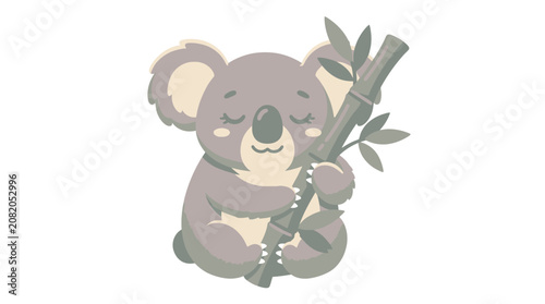 Photography Cute cartoon koala bear holding a bamboo branch.