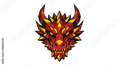 Fotografie Stylized red and yellow geometric dragon head mascot illustration