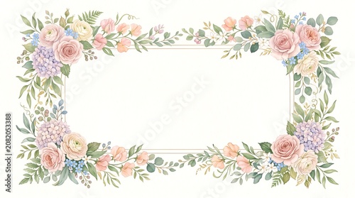 Elegant Watercolor Floral Frame with Soft Pastel Pink and Purple Flowers and Green Leaves for Wedding Invitation Card