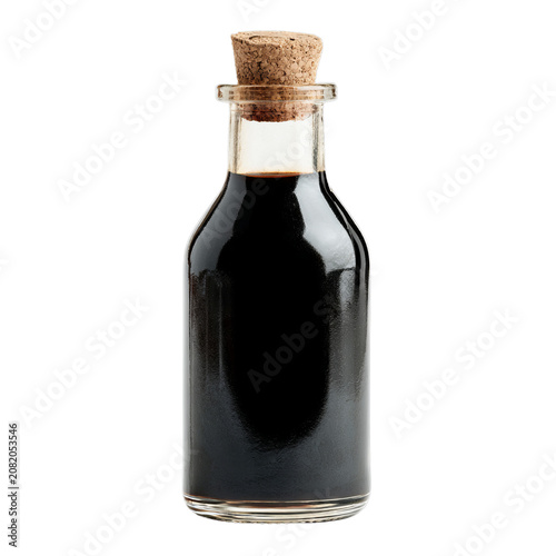 Glass bottle of dark aged balsamic vinegar sealed with a traditional cork. Isolated white background. Png format