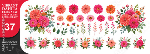 Foto Vibrant dahlia floral and green leaves bouquet set.