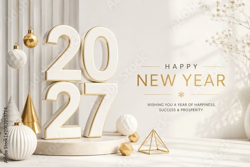 Happy New Year 2027 Greeting Card with Elegant White and Gold 3D Numbers
