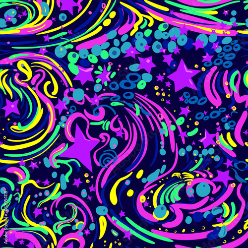 Seamless vector pattern featuring a vibrant psychedelic cosmic design on a dark background. Trippy abstract composition filled with neon stars, glowing fluid waves, energy spirals, and comets